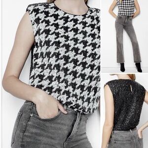 Festive Black & White Sequin Houndstooth Top